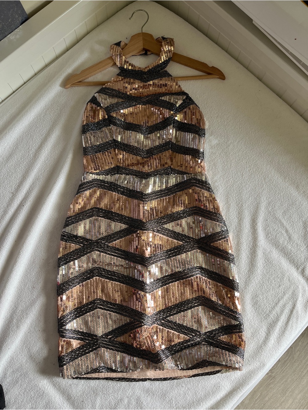 Charlotte Russe Rose Gold Sequin Halter Mini Dress with Black Chevron